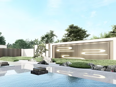 Modern Scenic Wall with Lighting Design and Water Pool Surrounded by Green Plants 3d model