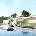 Modern Scenic Wall with Lighting Design and Water Pool Surrounded by Green Plants
