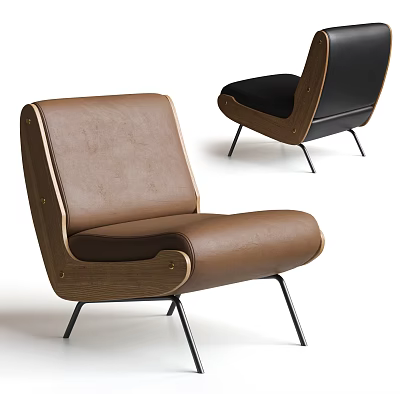 Modern Brown Leather Leisure Chair With Wooden Frame And Black Metal Legs 3d model