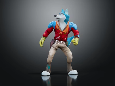Anthropomorphic Wolf Character 3D Model With Red Jacket Blue Shoulders Beige Pants Yellow Gloves Standing Pose 3d model