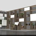 Wooden Display Shelves with Potted Plants and Decorative Items Under Warm Lighting in Modern Showcase