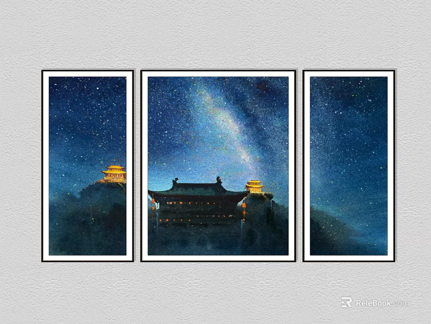 Triple Panel Wall Art With Chinese Architecture Under Starry Milky Way Night Sky 3d model 