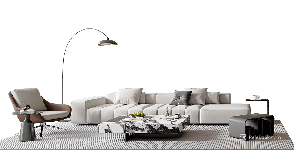 Modern White Sofa and Coffee Table Set With Multiple Pillows Patterned Table And Floor Lamp 3d model 
