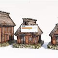 Cartoon Scenic Japanese Traditional Thatched Roof Wooden Houses With Stone Base