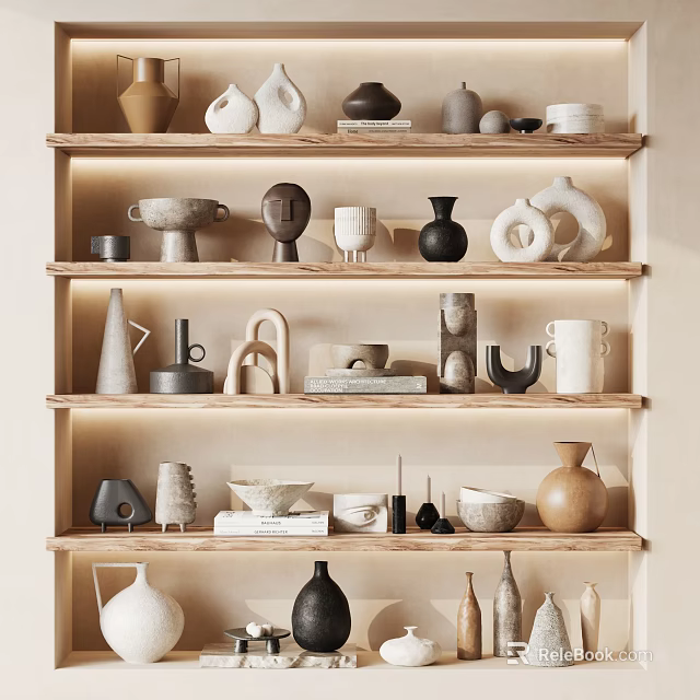 Decorative Ornament Sets on Multi Layered Display Shelves with Various Designs for Home Interior Decor 3d model 
