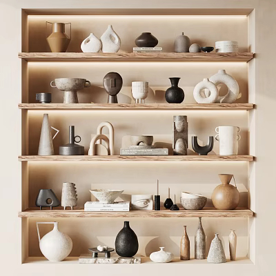 Decorative Ornament Sets on Multi Layered Display Shelves with Various Designs for Home Interior Decor 3d model