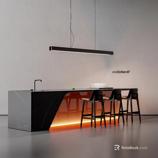 Modern Black Marble Bar Counter With Underlighting Pendant Light And Black Bar Stools 3d model 