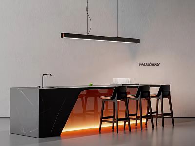 Modern Black Marble Bar Counter With Underlighting Pendant Light And Black Bar Stools 3d model