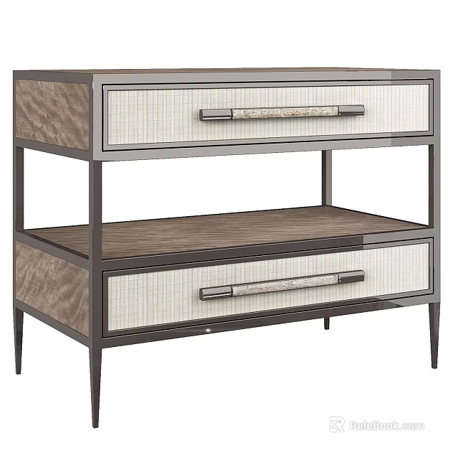 Modern Dining Table With Metal Frame Wooden Top And Woven Drawer Panels 3d model 