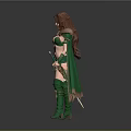 Woman In Elaborate Green Outfit With Long Hair Cloak Ornate Belt And Gloves