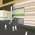 Modern Commercial Street With Curved Glass Facade Green Roof And Pedestrian Walkways