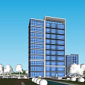 Modern High Rise Office Building With Glass Curtain Wall And Surrounding Trees Water Pool