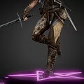Game Character Holding Sword with Purple Magic in Leather Armor on Glowing Base
