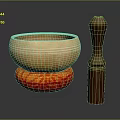 Decorative Ornament Set with Golden Singing Bowl Red Cushion and Wooden Mallet
