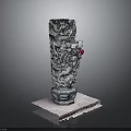 Intricate Carved Dragon Stone Pillar With Square Base And Red Bead