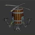 Futuristic Space Aerial Vehicle With Wooden Barrel Body Propellers And Mechanical Legs