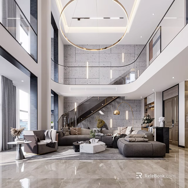 Modern Duplex Living Room Interior Design With High Ceiling Staircase And Gray Sofa 3d model 