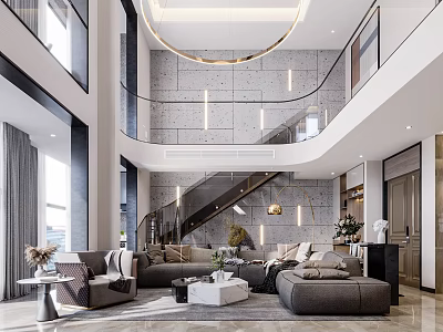 Modern Duplex Living Room Interior Design With High Ceiling Staircase And Gray Sofa 3d model