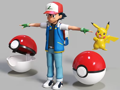 Ash Ketchum Pokémon Character With Pikachu And Open Closed Poké Balls 3d model