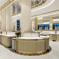 Luxury Jewelry Store Interior With Circular Display Counters Golden Accents And Blue Wave Walls