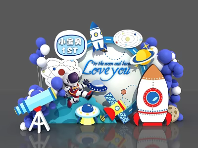 Space Theme First Birthday Photo Spot with Rocket Astronaut Balloons Telescope and Planets 3d model