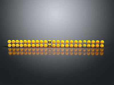 Row Of Yellow Emojis Arranged With Reflection On Gray Background 3d model