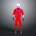 White Haired Game Movie Character In Red Leather Jacket And Pants With Brown Gloves Boots