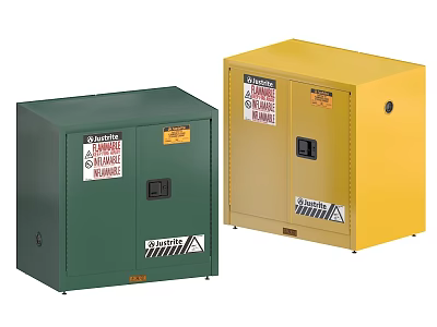 Green And Yellow Industrial Safety Cabinets With Double Doors And Warning Labels For Safe Storage 3d model