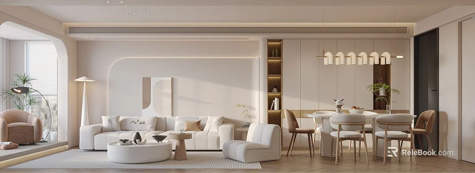 Modern Minimalist Living Dining Room Interior With White Sofa Dining Table Chairs And Pendant Lights 3d model 