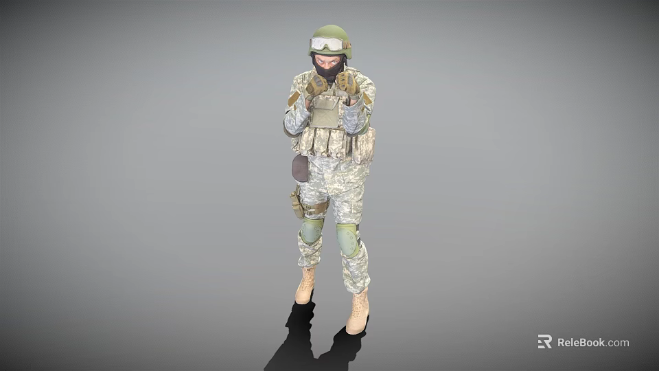 A Man In Military Camouflage Uniform With Green Helmet Goggles And Black High Heels 3d model 