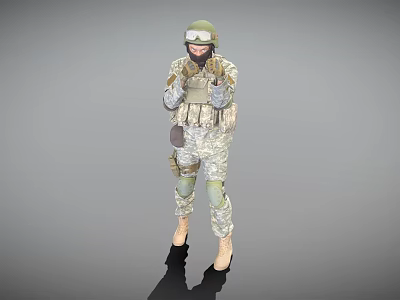 A Man In Military Camouflage Uniform With Green Helmet Goggles And Black High Heels 3d model