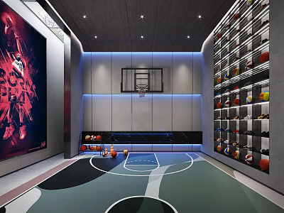 Basketball Gym Interior With Court Floor Large Sports Poster And Wall Storage Shelves 3d model
