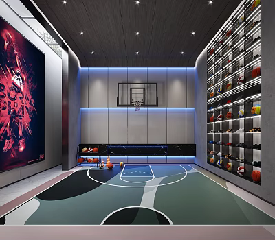 Basketball Gym Interior With Court Floor Large Sports Poster And Wall Storage Shelves 3d model