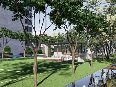 Modern Garden Landscape With Green Lawn Trees Pavilion And Water Feature 3d model