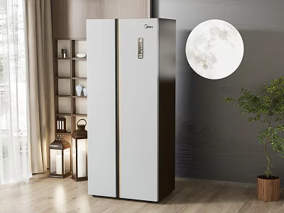 Modern Double Door Refrigerator Freezer In Contemporary Home Interior With Circular Decor And Potted Plant 3d model