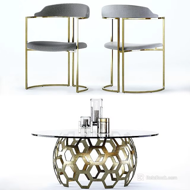 Modern Dining Table With Glass Top Gold Metal Hexagonal Base And Grey Upholstered Chairs 3d model 