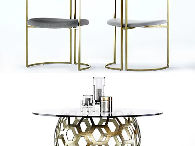 Modern Dining Table With Glass Top Gold Metal Hexagonal Base And Grey Upholstered Chairs 3d model