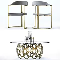 Modern Dining Table With Glass Top Gold Metal Hexagonal Base And Grey Upholstered Chairs
