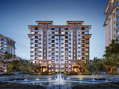 Modern Mid Rise Residential Building With Lush Green Trees And Central Fountain Courtyard 3d model
