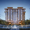 Modern Mid Rise Residential Building With Lush Green Trees And Central Fountain Courtyard