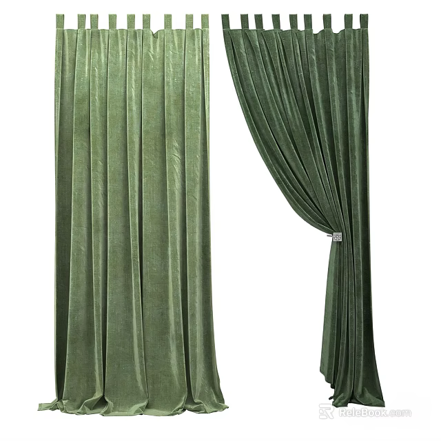 Green Velvet Curtains Hanging And Draped With Elegant Tieback Detail 3d model 