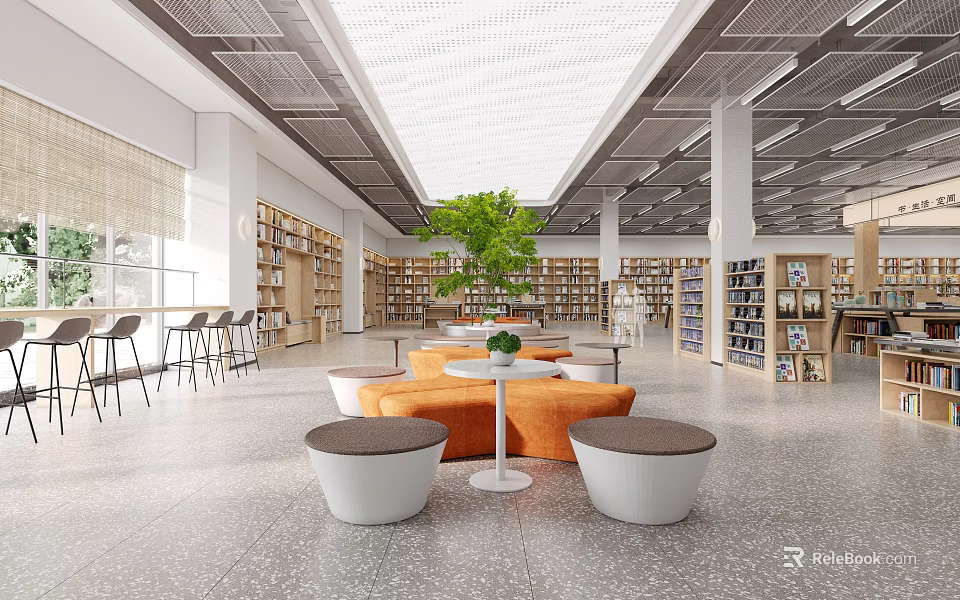 Library Interior Design With Bookshelves And Seating Area 3d model 