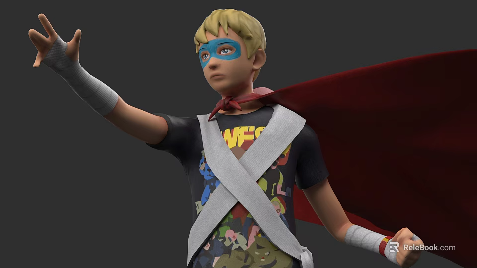 Game Movie Character With Blonde Hair Blue Mask Red Cape Black Tshirt And Colorful Prints 3d model 