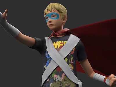 Game Movie Character With Blonde Hair Blue Mask Red Cape Black Tshirt And Colorful Prints 3d model