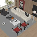 Modern Striped Sofa And White Coffee Table With Red Chairs Gray Rug And Floor Lamp