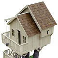 Wooden Tree House Built On Two Trees Featuring Staircase Balcony And Sloped Roof