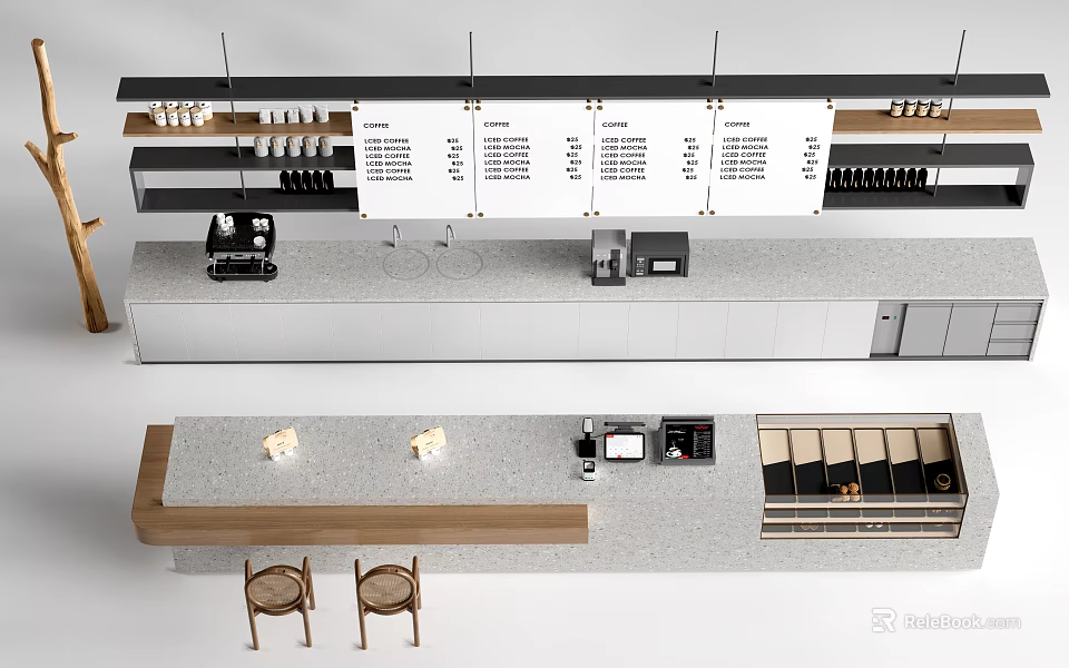 Modern Sleek Bar Counter With Gray Countertop Wooden Stools Coffee Machine And Menu Boards 3d model 