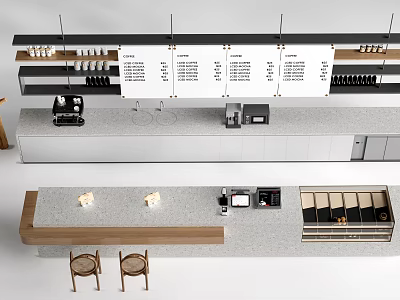 Modern Sleek Bar Counter With Gray Countertop Wooden Stools Coffee Machine And Menu Boards 3d model