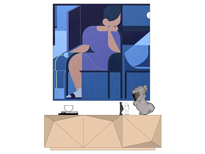 Abstract Blue Artwork Featuring Seated Purple Figure And Geometric Cabinet With Dog Figurine 3d model