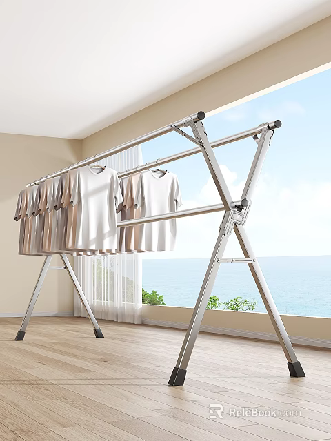 Foldable Metal Clothes Drying Rack With Hanging T Shirts Indoor Sea View Window 3d model 